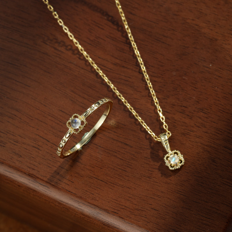 Bague et Collier Pierre de Lune – Rêve Argenté, Argent Plaqué Or