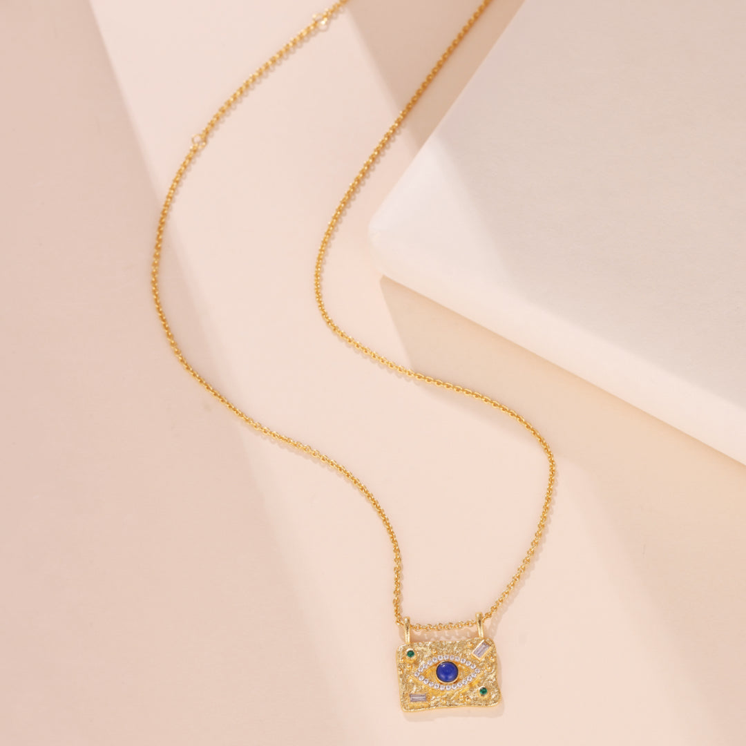 Collier Lapis Lazuli – Carré Démoniaque, Argent Plaqué Or