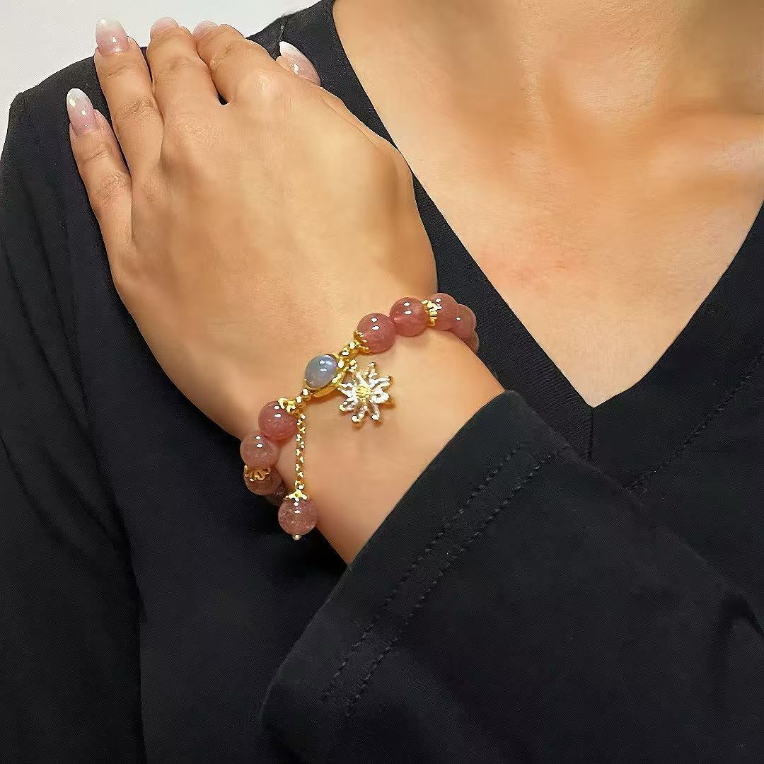 Bracelet Quartz Fraise et Cristal de Roche – Fleur Cosmique