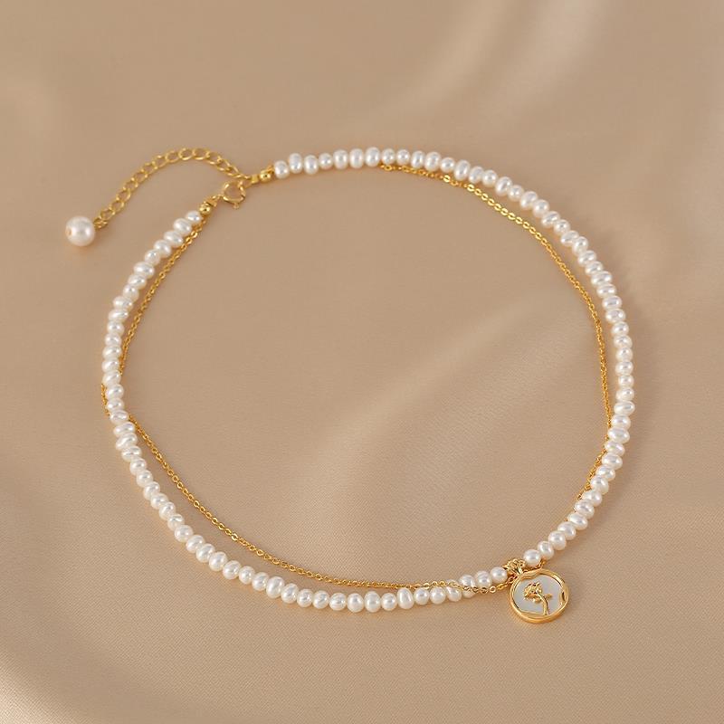 Collier 'Rose' Double Chaîne en Perle d'Eau Douce et Argent Plaqué Or