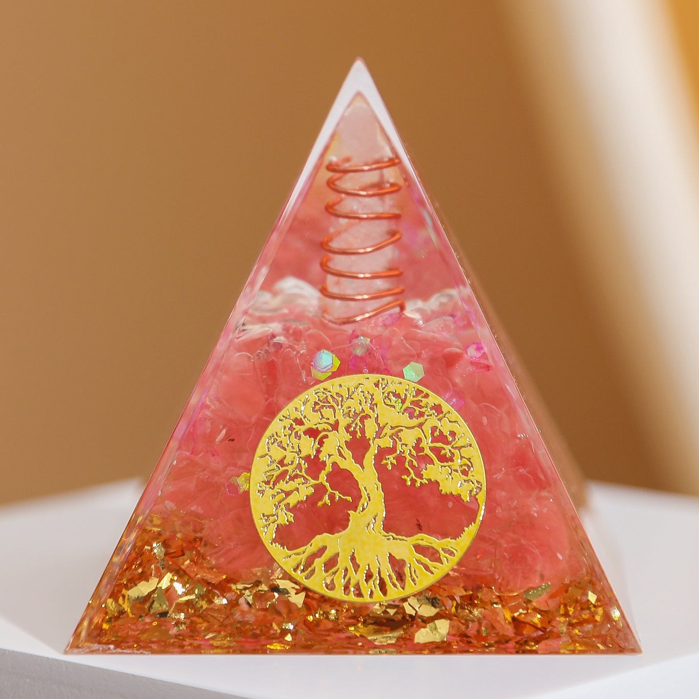 Amour Éternel – Pyramide Orgonite Arbre de Vie en Quartz Rose
