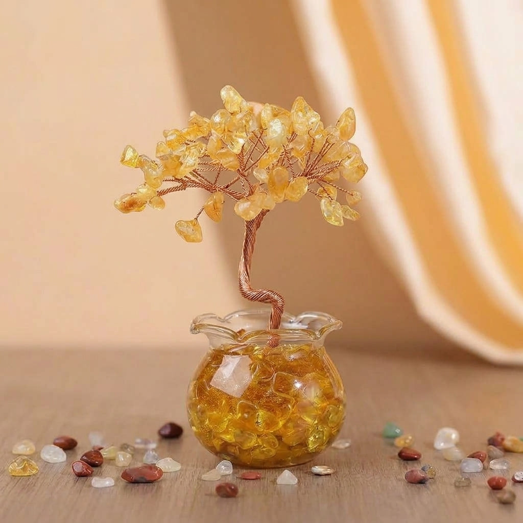 Arbre de Vie décoratif avec des cristaux de citrine jaune naturelle sur un socle en verre, idéal pour la lithothérapie et la décoration Feng Shui.
