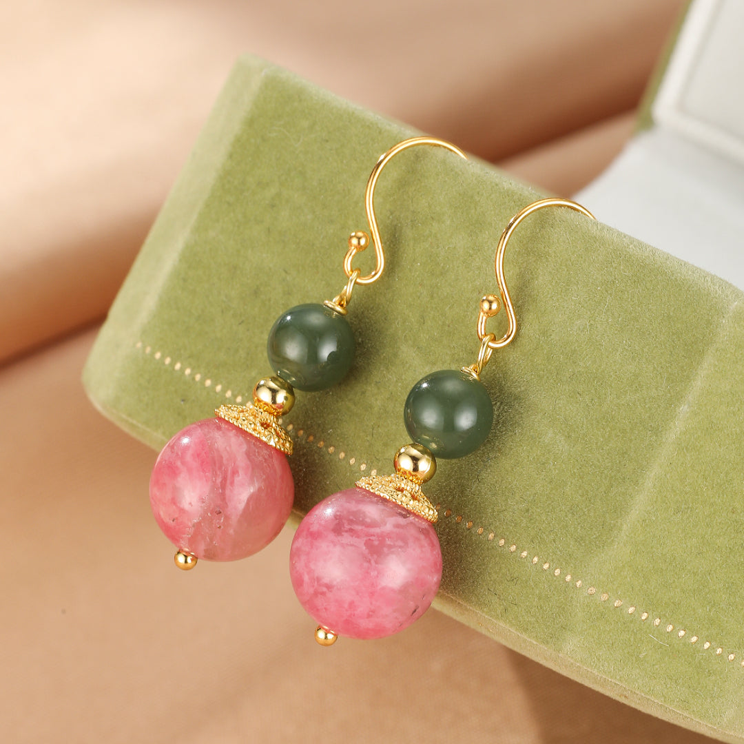 Boucles d’Oreilles Rhodonite et Jade – Duo Bien-Être