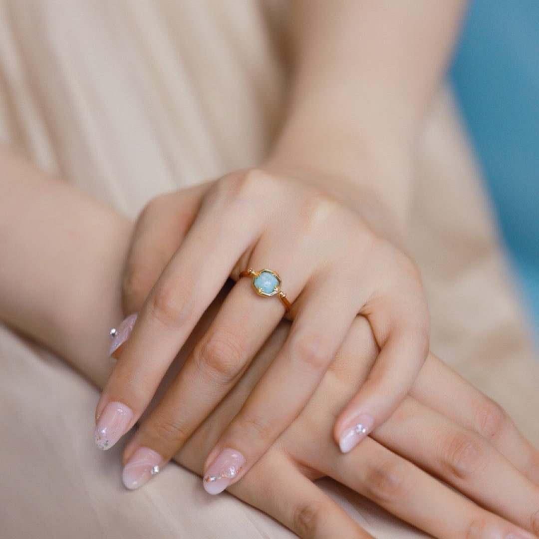 Amazonite and Clear Quartz Ring – Star Dance, Gold Plated Silver