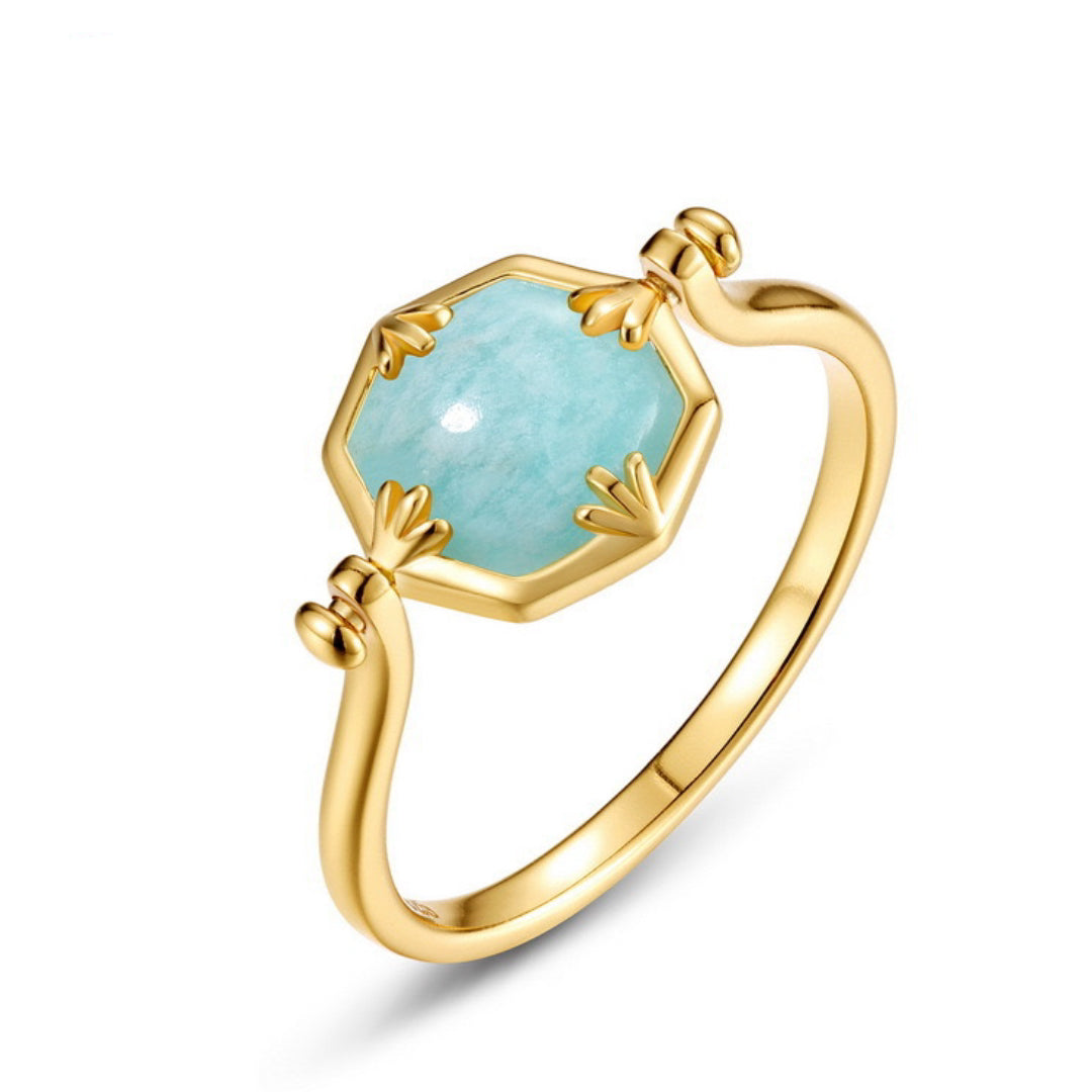 Amazonite and Clear Quartz Ring – Star Dance, Gold Plated Silver