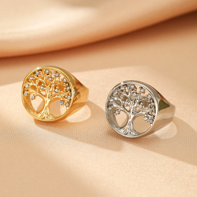 Bague Arbre de Vie dorée et argentée sertie de zircons cubiques, symbolisant l'équilibre spirituel.