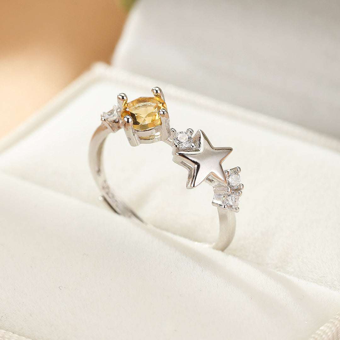 Bague Citrine Étoile – Lueur Céleste, Argent