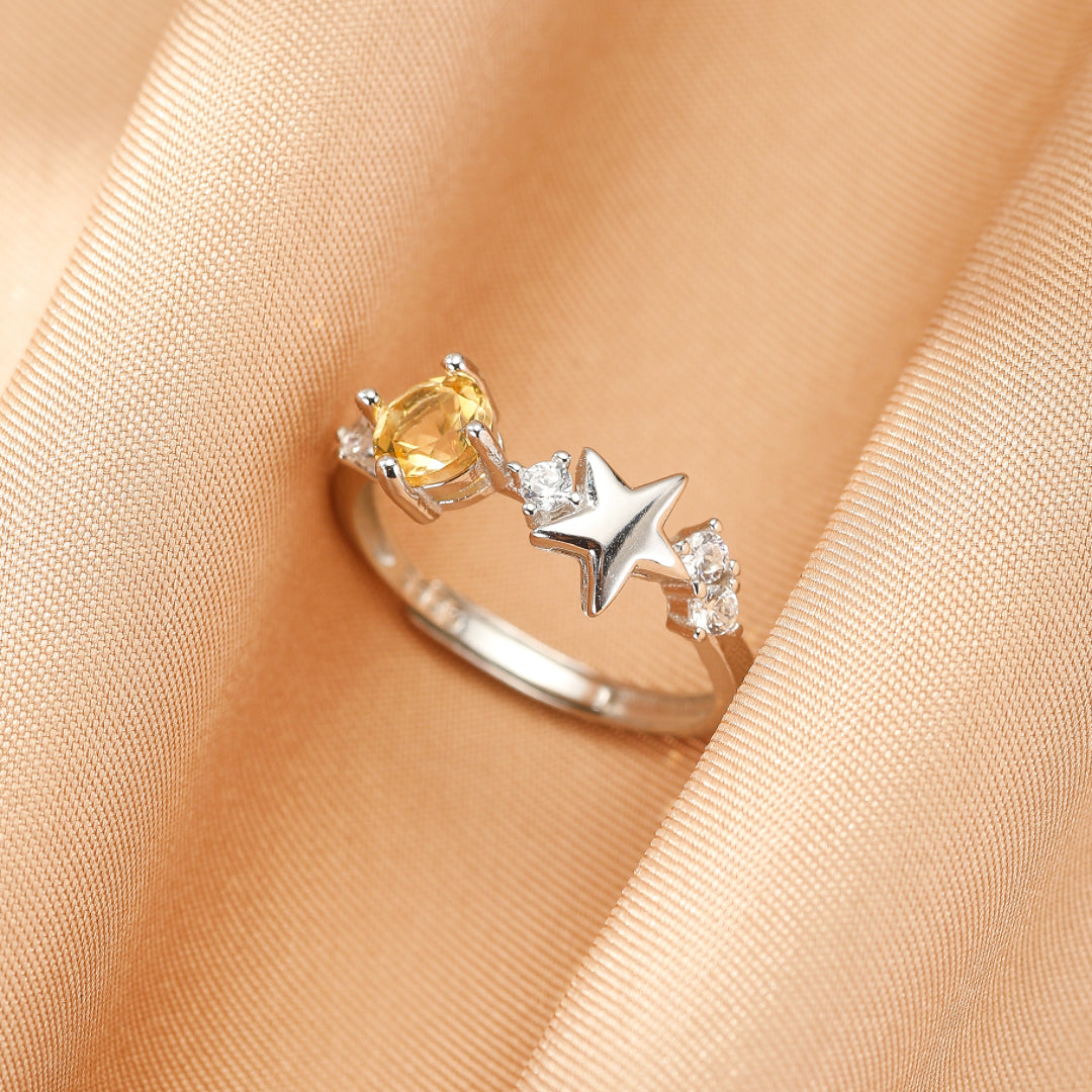 Bague Citrine Étoile – Lueur Céleste, Argent