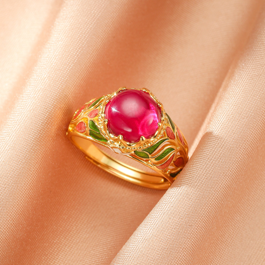 Carnelian Ring – Imperial Foliage, Enameled Silver