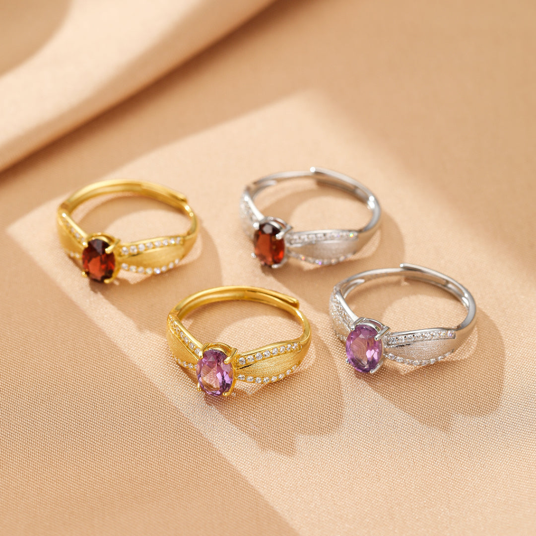 Garnet/Amethyst Ring – Curve of Radiance, Gold Plated Silver