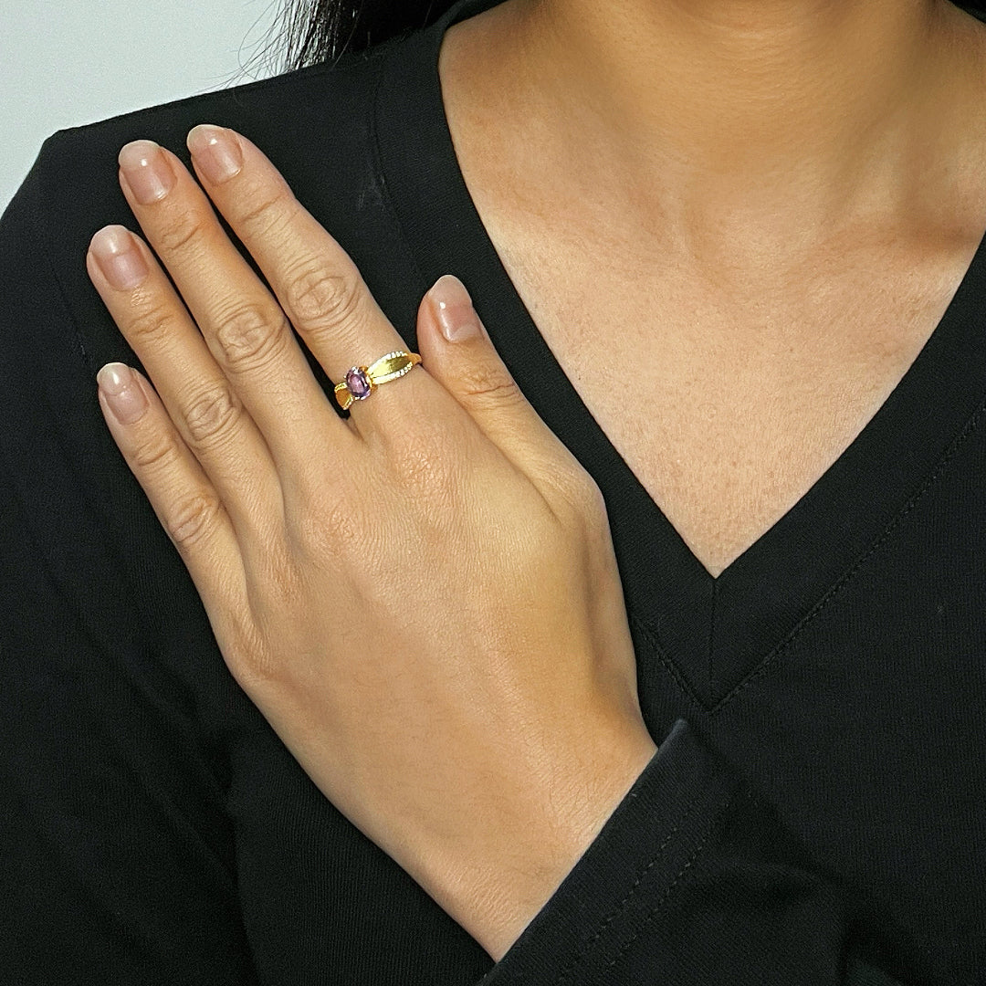 Garnet/Amethyst Ring – Curve of Radiance, Gold Plated Silver