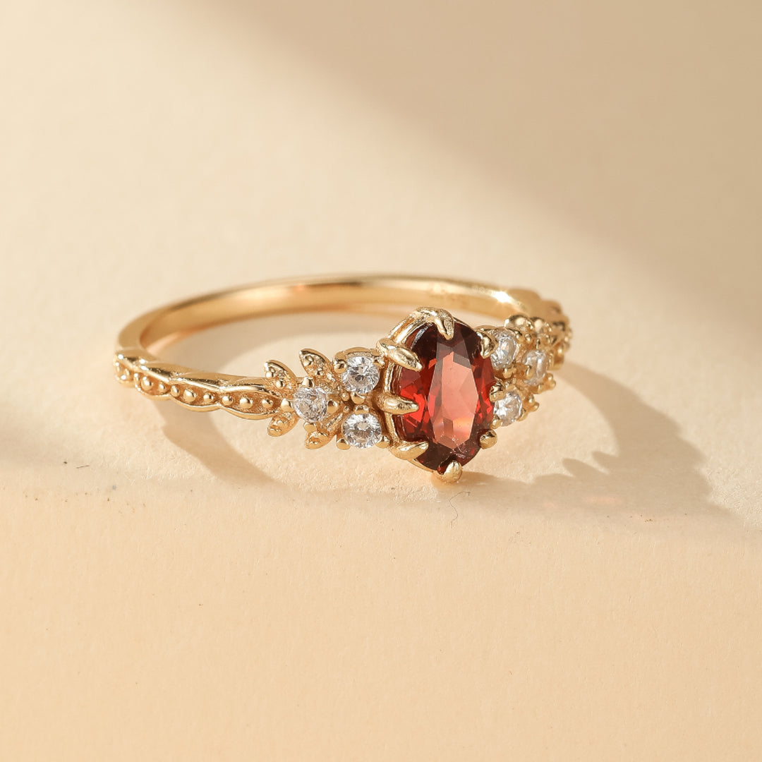 Bague Grenat – Fleur de Passion, Argent Plaqué Or