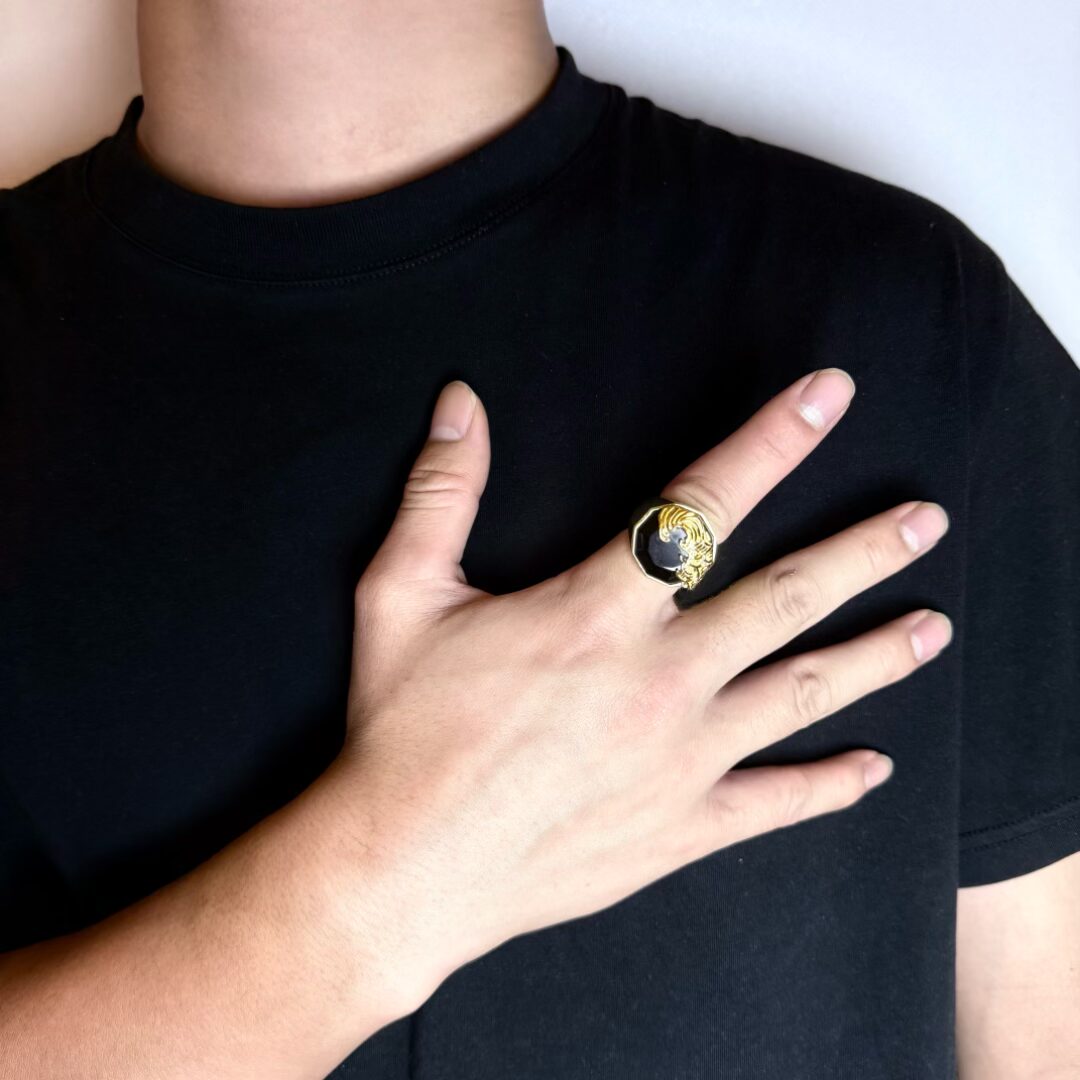 Bague Homme Obsidienne – Force de Nature, Argent Plaqué Or