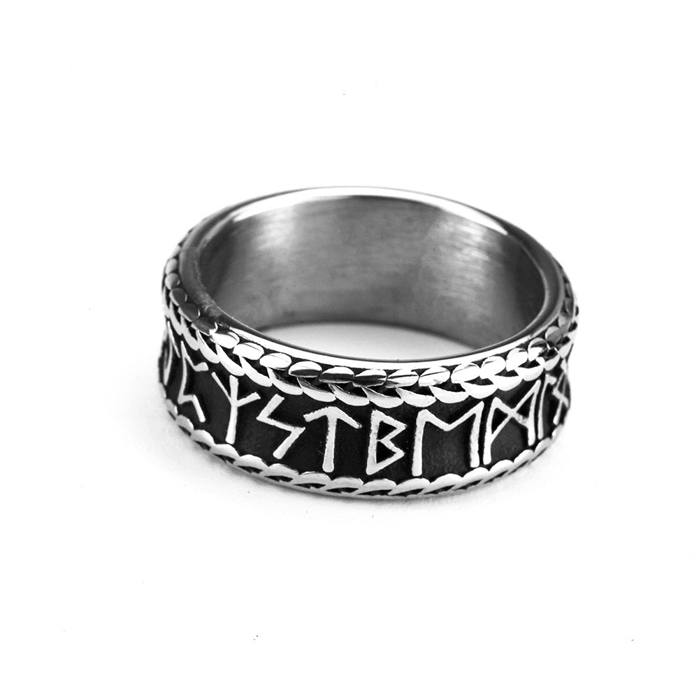 Bague pour homme Viking Force Runique en acier inoxydable avec gravures de runes anciennes et détails tressés sur les bords