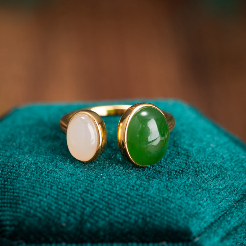 Bague Jade – Vert Blanc, Argent Plaqué Or
