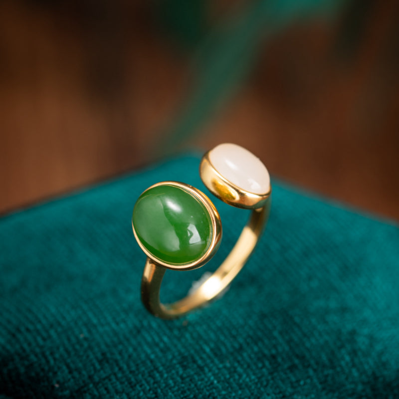 Bague Jade – Vert Blanc, Argent Plaqué Or