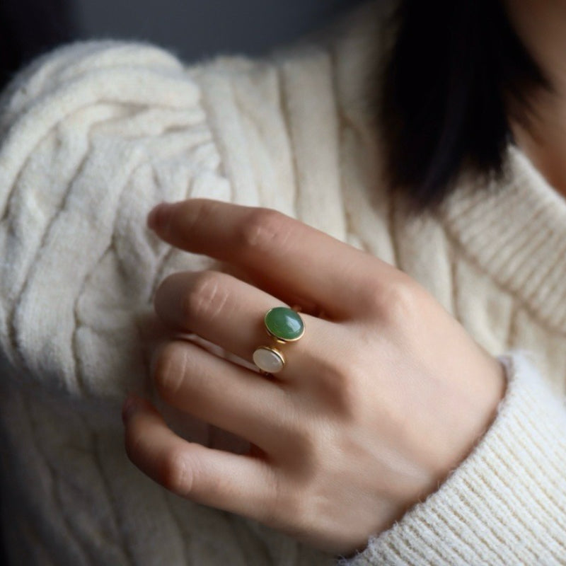 Bague Jade – Vert Blanc, Argent Plaqué Or