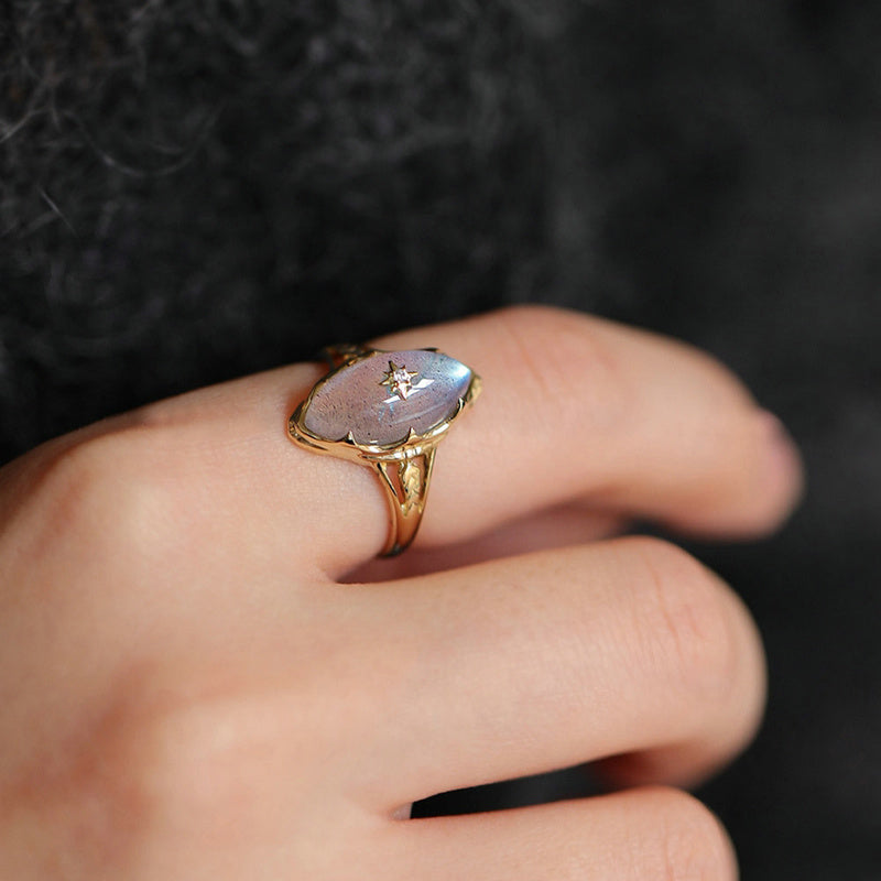 Bague Labradorite – Apaisement Cosmique, Argent Plaqué Or