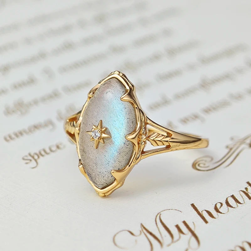Bague Labradorite – Apaisement Cosmique, Argent Plaqué Or