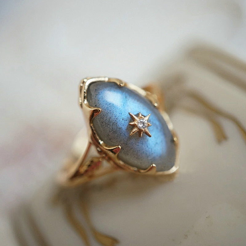 Bague Labradorite – Apaisement Cosmique, Argent Plaqué Or