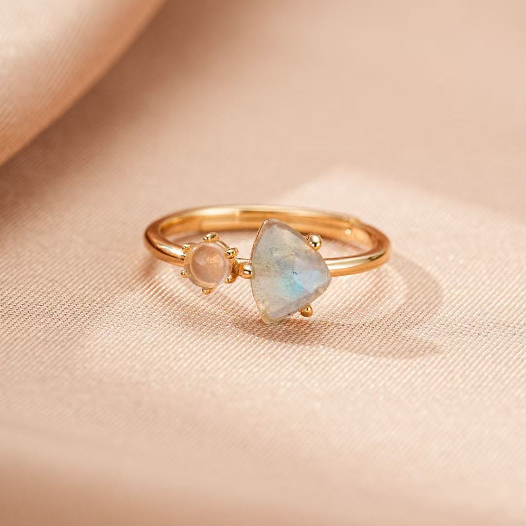 Labradorite and Pearl Ring – Celestial Elegance, 10K Gold Plated Silver