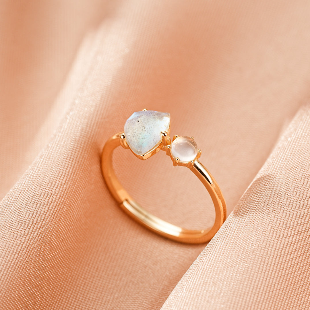 Labradorite and Pearl Ring – Celestial Elegance, 10K Gold Plated Silver