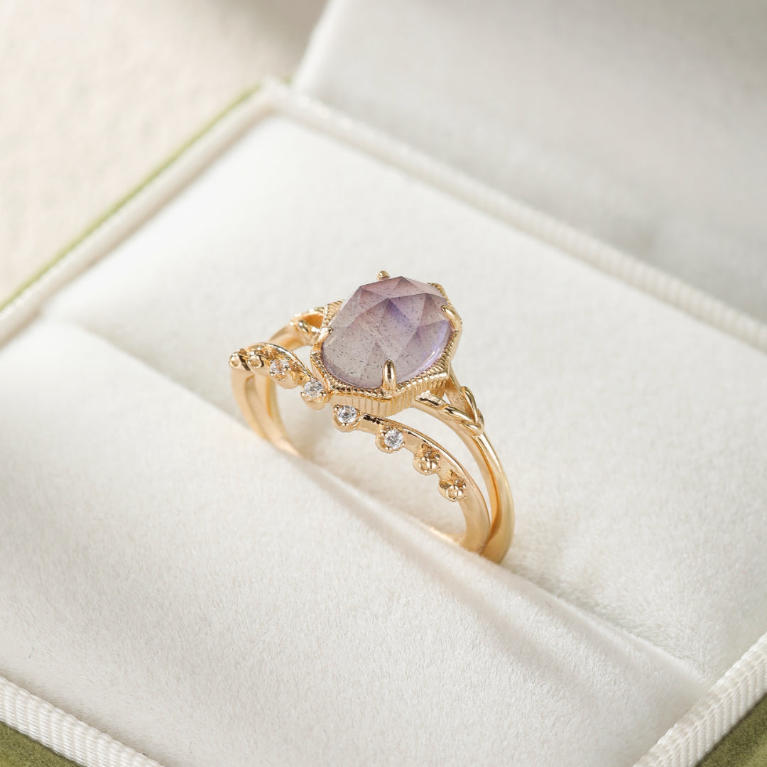 Bague Labradorite et Améthyste – Charme Astral, Argent Plaqué Or