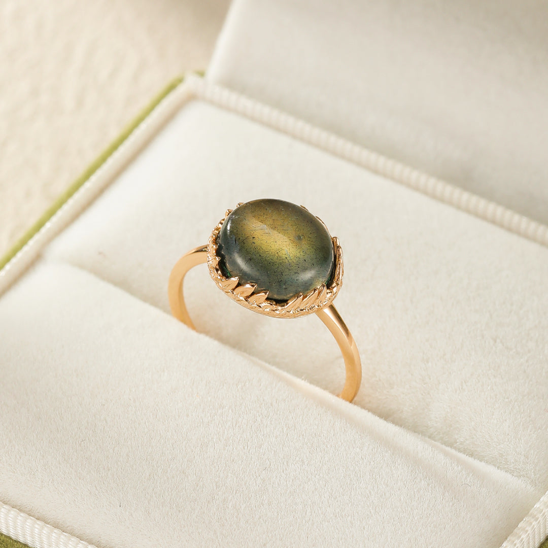 Bague Labradorite et Malachite – Soleil d'Azur, Argent Plaqué Or