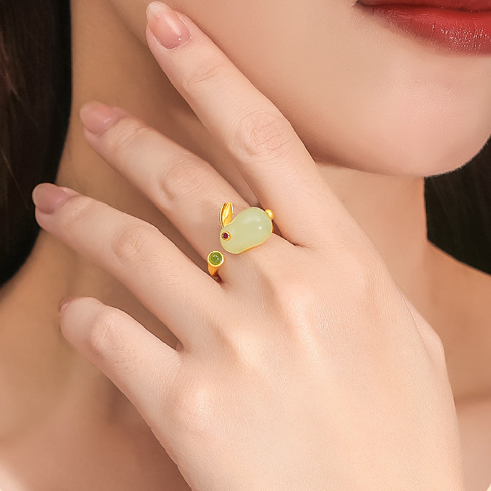 Bague Lapin en Jade – Sagesse, Argent Plaqué Or