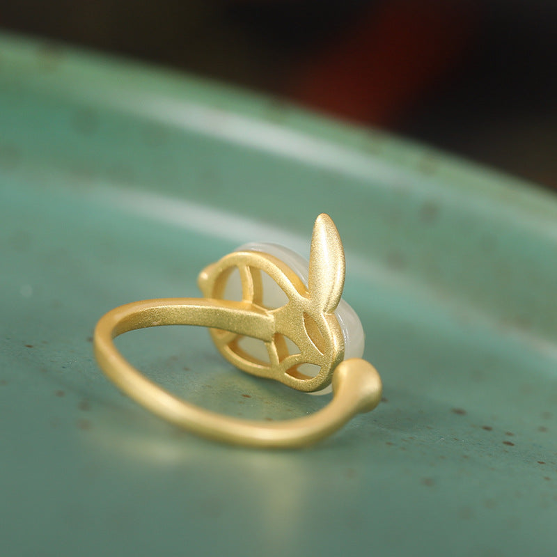 Bague Lapin en Jade – Sagesse, Argent Plaqué Or