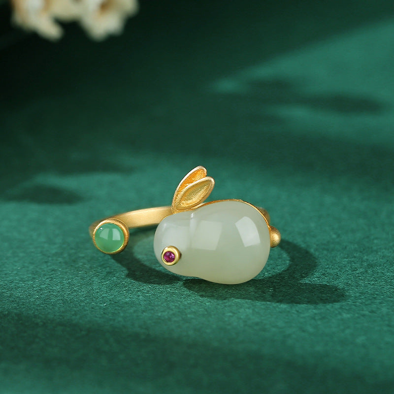 Bague Lapin en Jade – Sagesse, Argent Plaqué Or