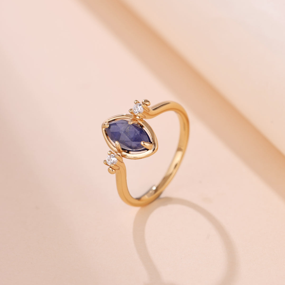Bague Lapis Lazuli et Quartz Clair – Étoile du Matin, Argent Plaqué Or