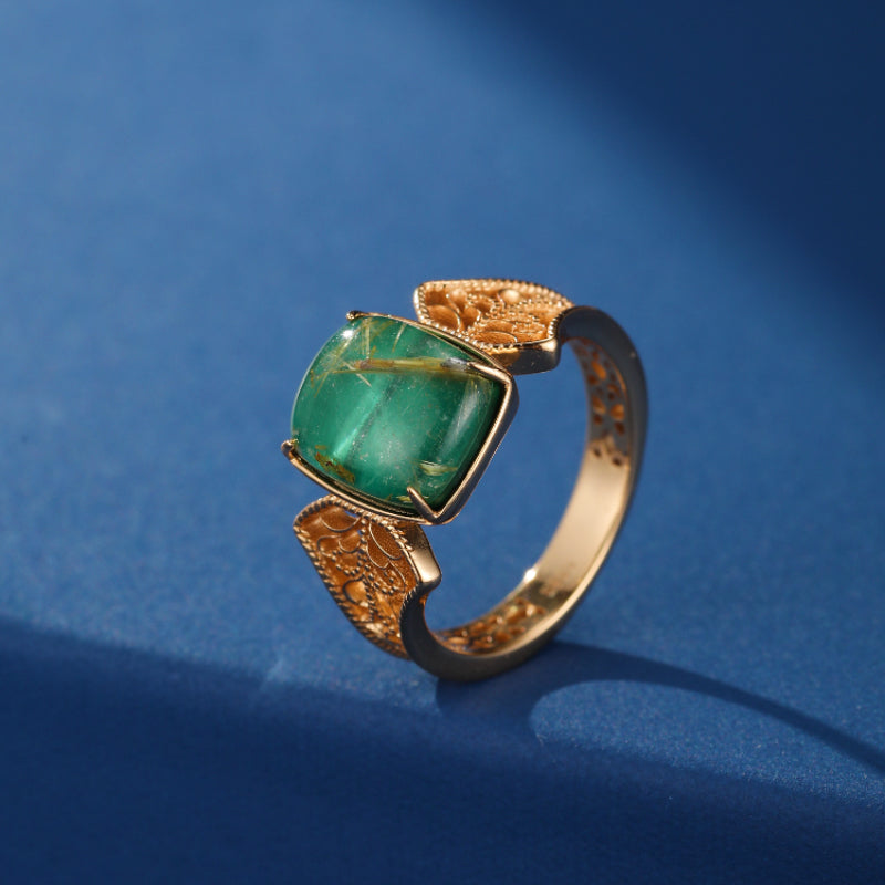 Bague Malachite et Quartz Rutile – Régal Impériale, Argent Plaqué Or