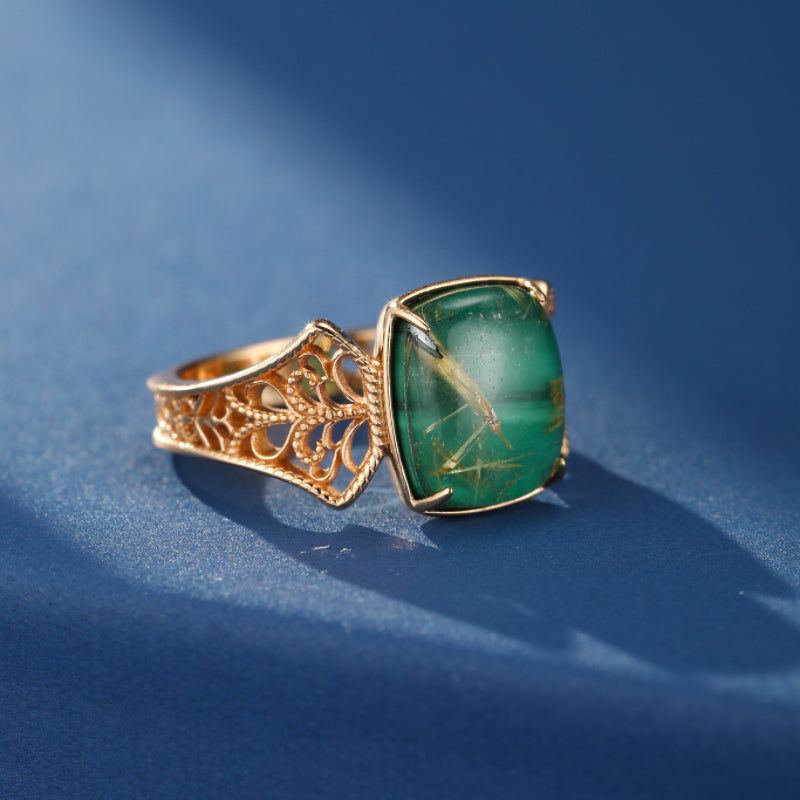 Bague Malachite et Quartz Rutile – Régal Impériale, Argent Plaqué Or