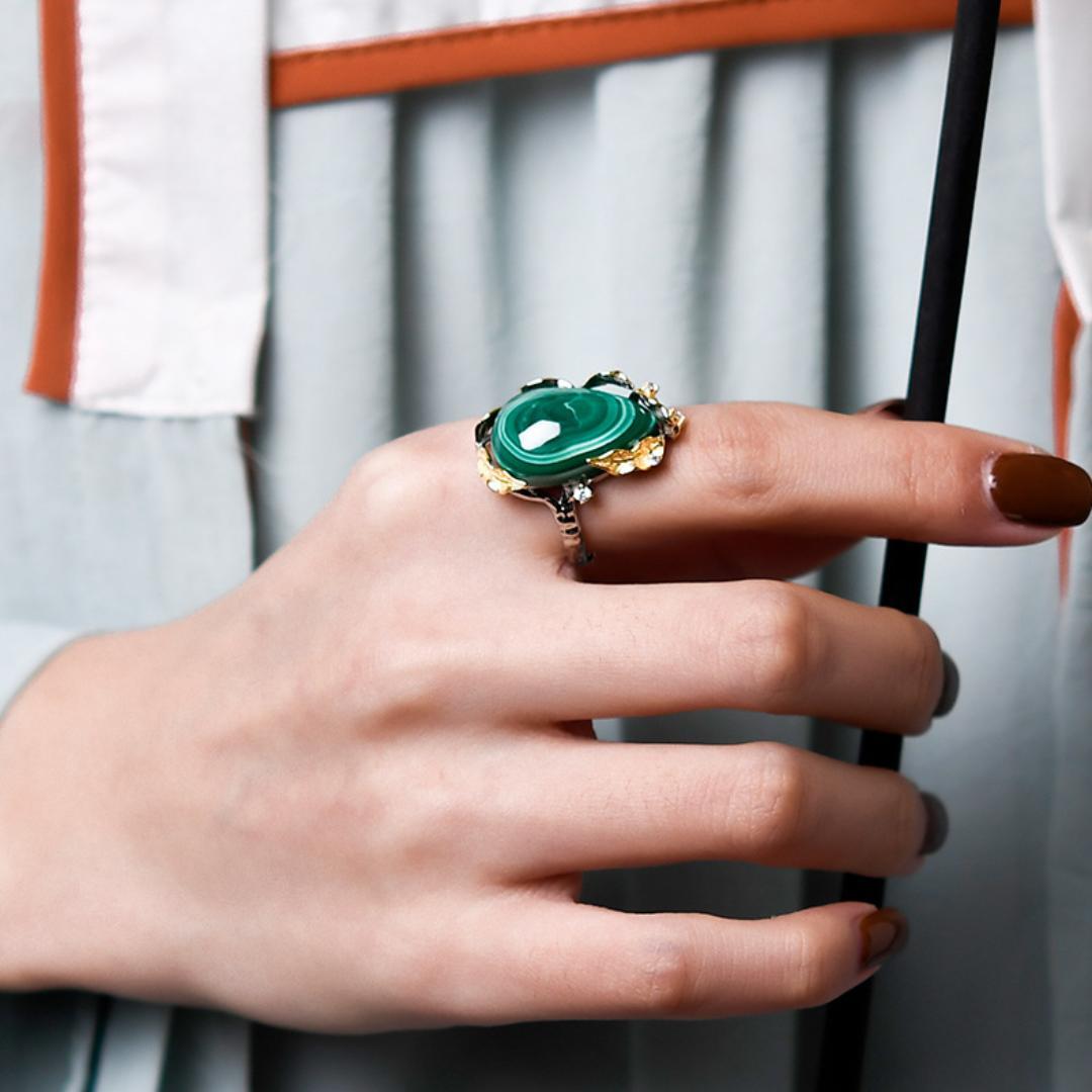 Bague Malachite – Feuille de Chance, Argent Plaqué Or