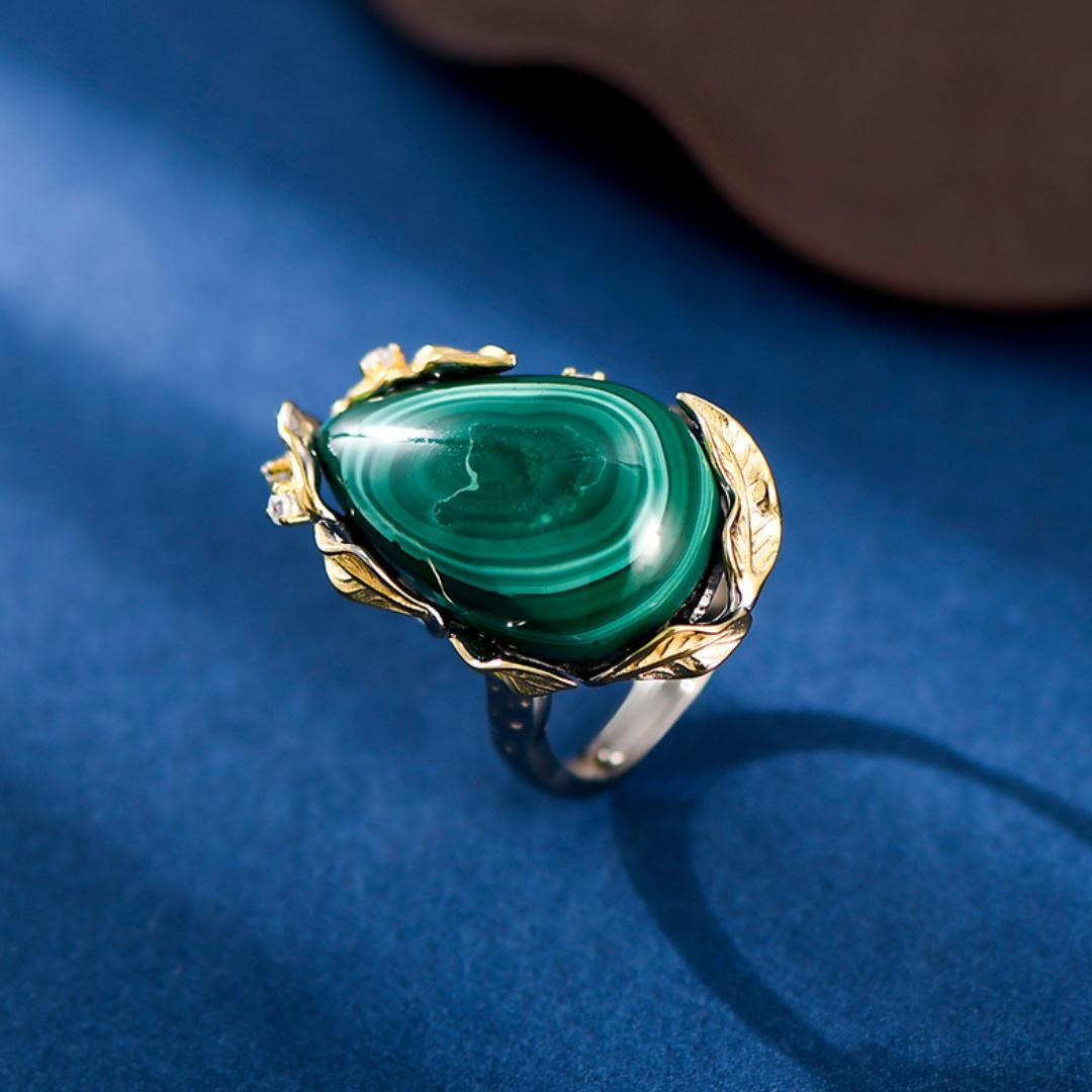 Bague Malachite – Feuille de Chance, Argent Plaqué Or
