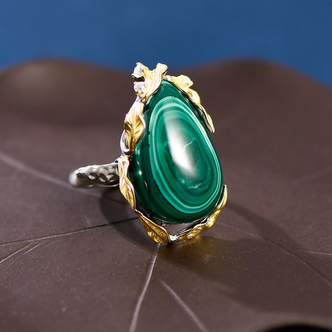 Bague Malachite – Feuille de Chance, Argent Plaqué Or