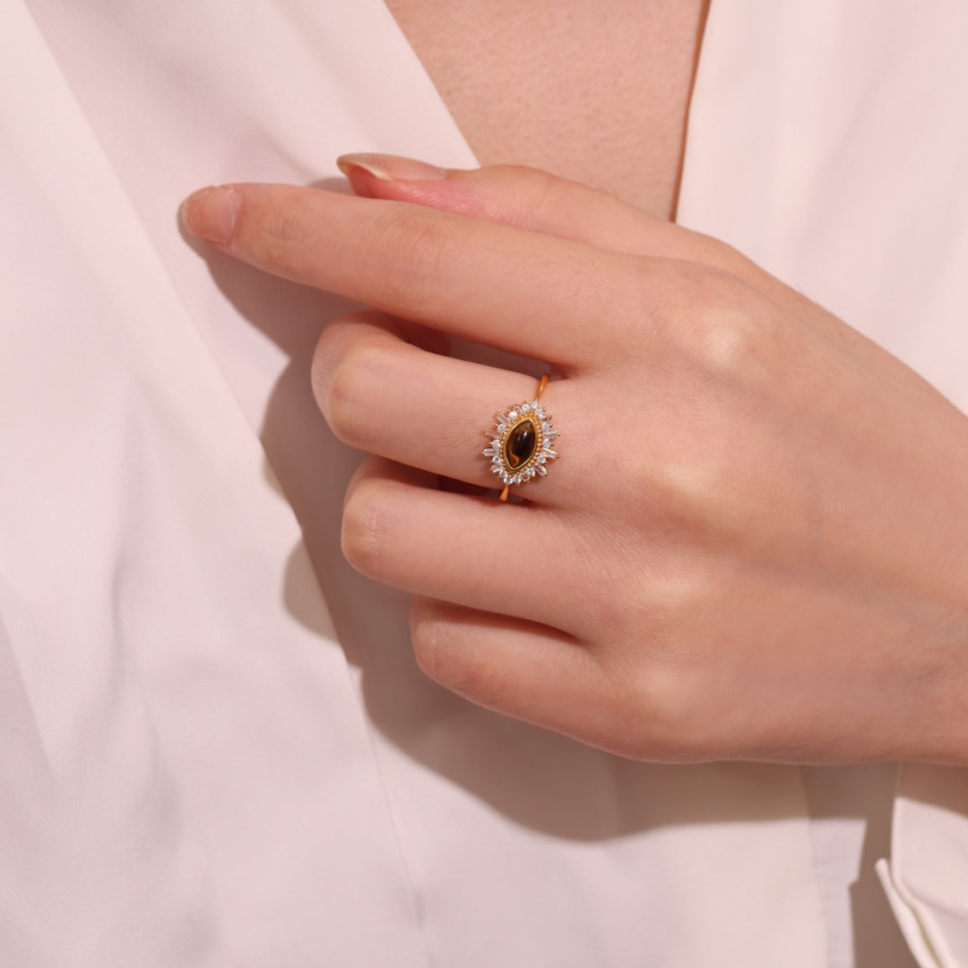 Tiger's Eye Ring – Night Tears, Gold Plated Silver