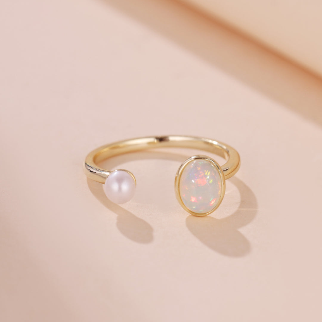 Bague Opale et Perle – Mélodie du Ciel, Argent Plaqué Or