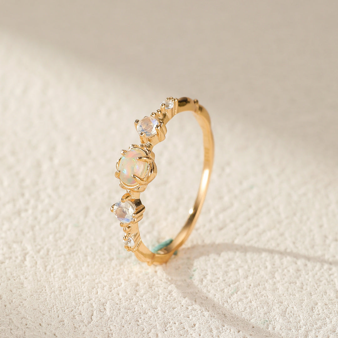Bague Opale et Pierre de Lune – Douce Harmonie, Argent Plaqué Or