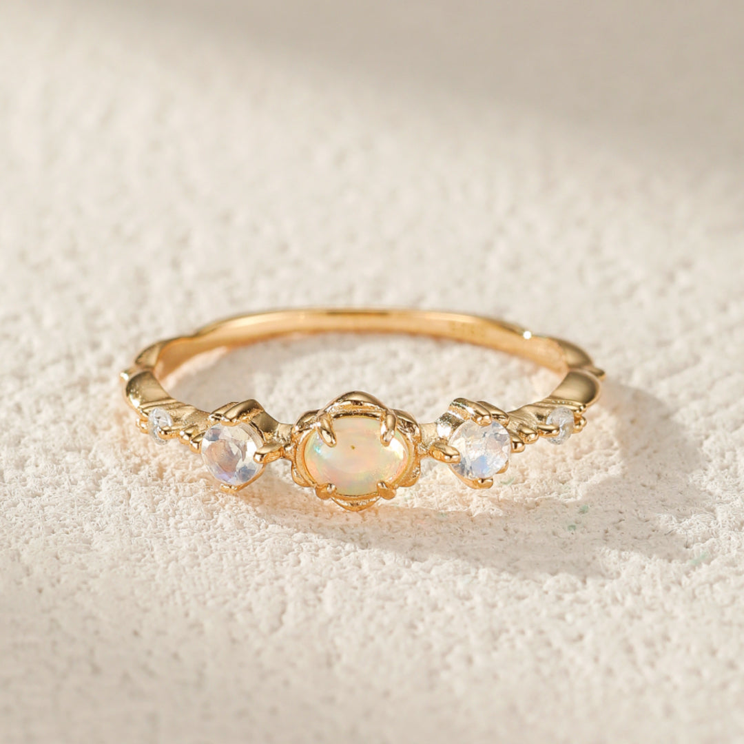 Bague Opale et Pierre de Lune – Douce Harmonie, Argent Plaqué Or