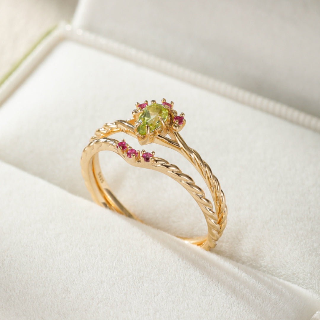 Bague Péridot et Cornaline – Positivité, Argent Plaqué Or