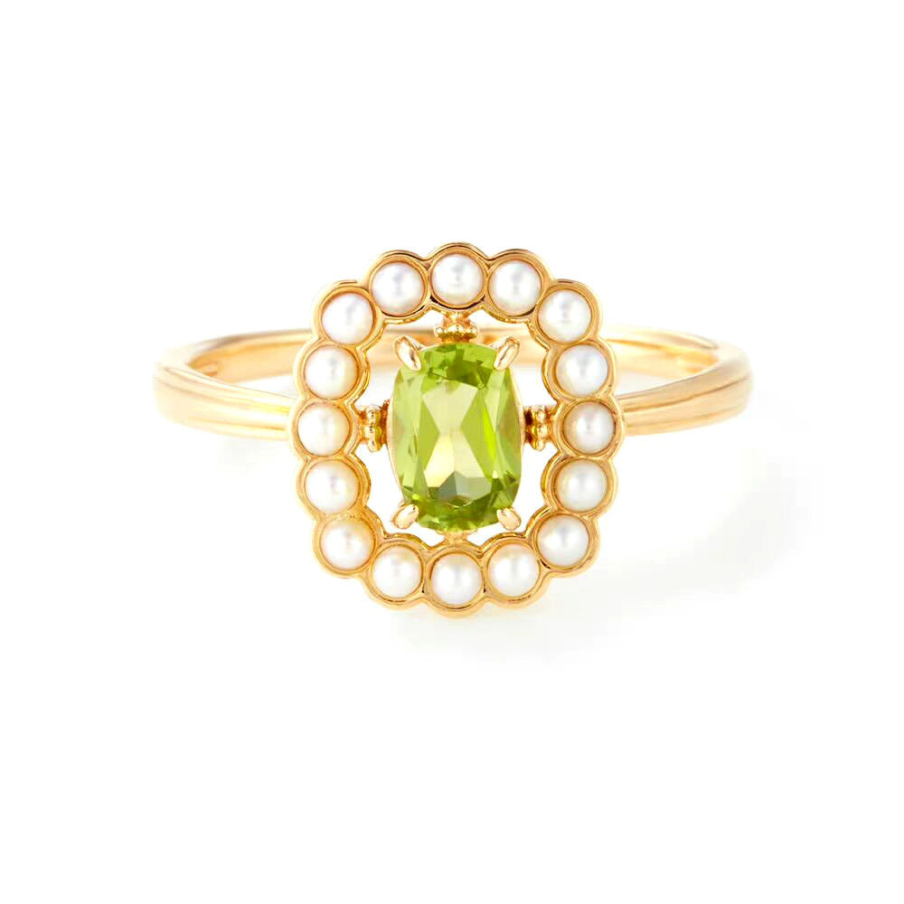 Peridot and Pearl Ring – Square Elegance, Gold Plated Silver