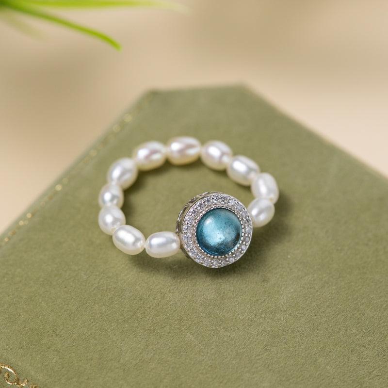 Bague Perle et Aigue Marine – Harmonie Océanique, Argent