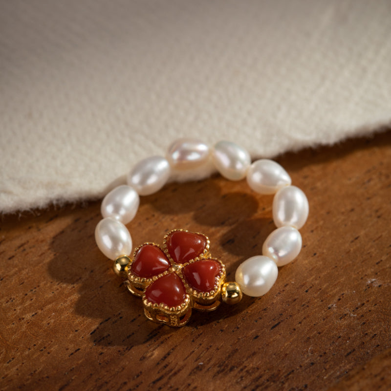 Bague Perle – Trèfle Charmant, Argent Plaqué Or