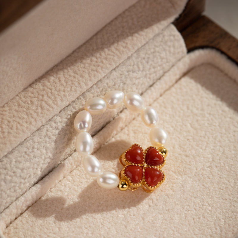 Bague Perle – Trèfle Charmant, Argent Plaqué Or