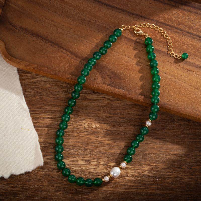 Collier Perle et Agate – Douceur Printanière, Plaqué Or