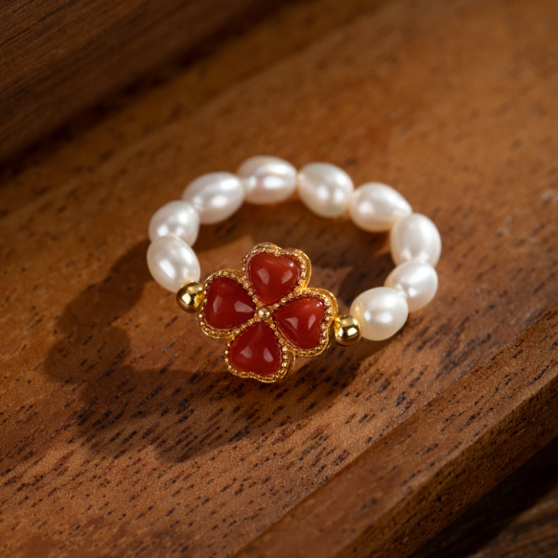 Bague Perle – Trèfle Charmant, Argent Plaqué Or