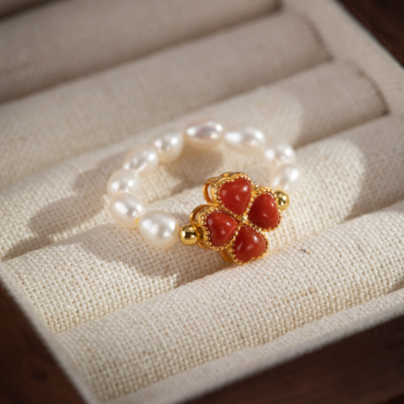 Bague Perle – Trèfle Charmant, Argent Plaqué Or