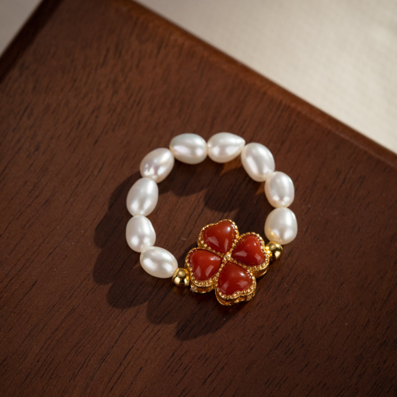 Bague Perle – Trèfle Charmant, Argent Plaqué Or